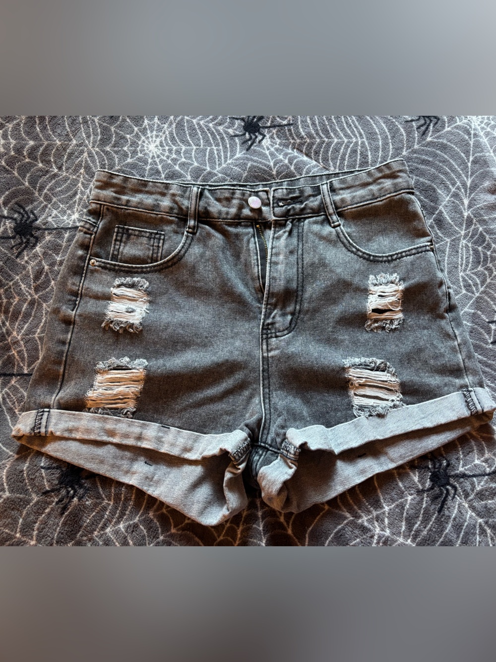 SHEIN Gray Distressed High-Waisted Denim Shorts | Size Medium